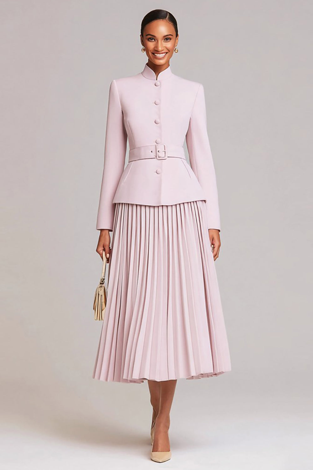 2 Piece Light Pink High Neck Pleated Business Suits with Belt