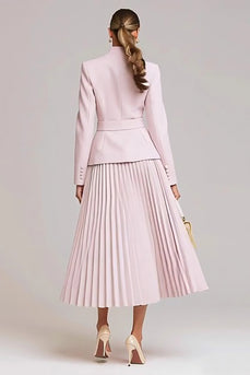 2 Piece Light Pink High Neck Pleated Business Suits with Belt