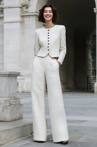 2 Piece Ivory Tweed Long Sleeves Interview Outfits with Pockets