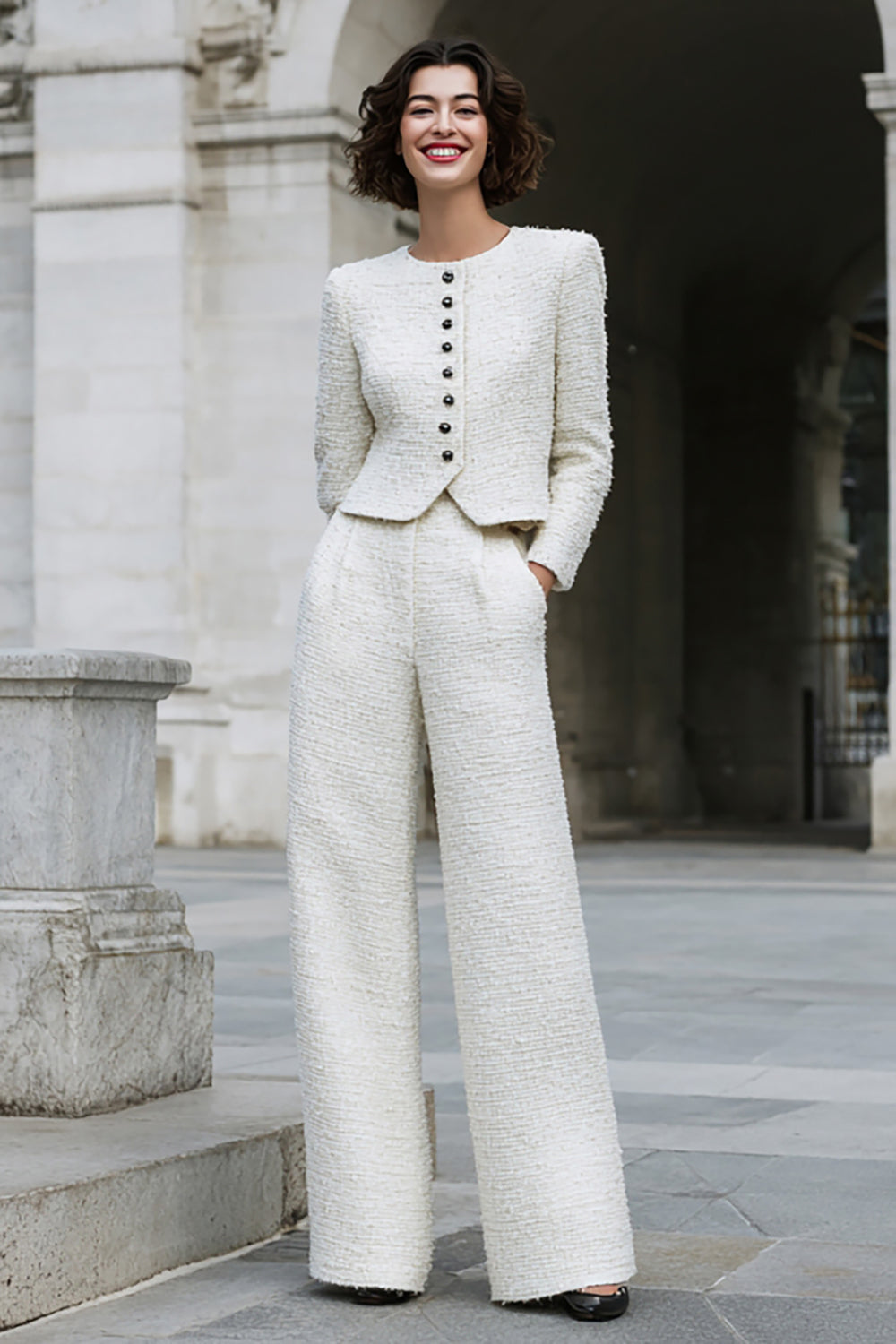 2 Piece Ivory Tweed Long Sleeves Interview Outfits with Pockets