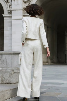 2 Piece Ivory Tweed Long Sleeves Interview Outfits with Pockets