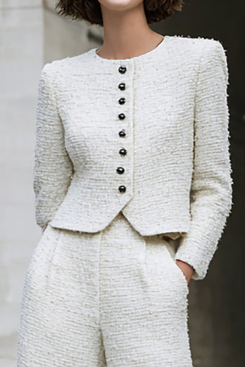 2 Piece Ivory Tweed Long Sleeves Interview Outfits with Pockets