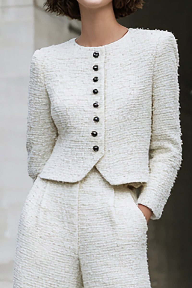 Load image into Gallery viewer, 2 Piece Ivory Tweed Long Sleeves Interview Outfits with Pockets