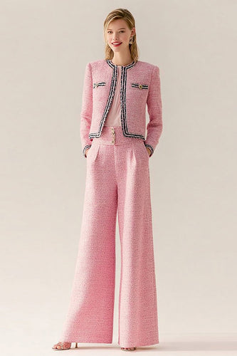 2 Piece Pink Black Tweed Wide Leg Interview Outfits with Pockets