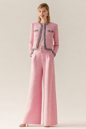 2 Piece Pink Black Tweed Wide Leg Interview Outfits with Pockets
