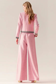 2 Piece Pink Black Tweed Wide Leg Interview Outfits with Pockets