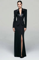 Load image into Gallery viewer, 2 Piece Black Peak Lapel Long Pencil Blazer Dress with Slit