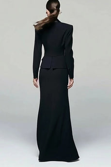 2 Piece Black Peak Lapel Long Pencil Blazer Dress with Slit