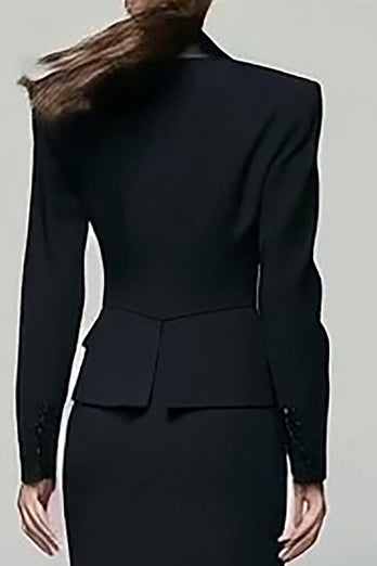 2 Piece Black Peak Lapel Long Pencil Blazer Dress with Slit