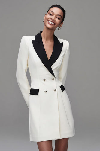 Ivory Double Breasted Peak Lapel Short Blazer Dress with Sleeves