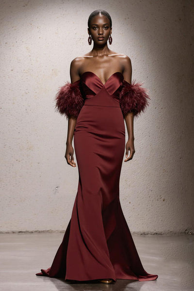 Burgundy Satin Sweetheart Mermaid Long Gala Dress with Feathers