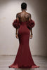 Load image into Gallery viewer, Burgundy Satin Sweetheart Mermaid Long Gala Dress with Feathers
