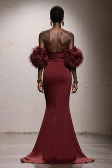 Burgundy Satin Sweetheart Mermaid Long Gala Dress with Feathers