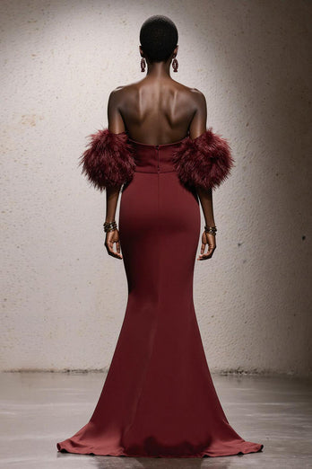 Burgundy Satin Sweetheart Mermaid Long Gala Dress with Feathers