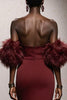 Load image into Gallery viewer, Burgundy Satin Sweetheart Mermaid Long Gala Dress with Feathers
