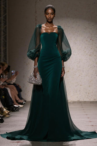 Dark Green Mermaid Square Neck Maxi Gala Dress with Sleeves