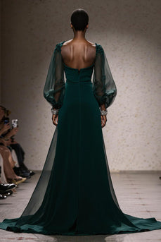 Dark Green Mermaid Square Neck Maxi Gala Dress with Sleeves
