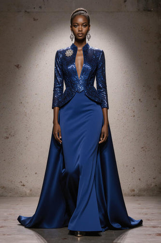 Sparkly Royal Blue Sequin Mermaid High Neck Long Pageant Dress with Cape