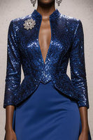 Load image into Gallery viewer, Sparkly Royal Blue Sequin Mermaid High Neck Long Pageant Dress with Cape