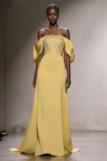 Sparkly Daffodil Mermaid Off the Shoulder Long Pageant Dress with Sequins