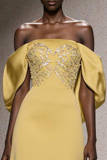 Sparkly Daffodil Mermaid Off the Shoulder Long Pageant Dress with Sequins