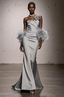 Load image into Gallery viewer, Silver Satin Ruched Mermaid Sweetheart Long Formal Dress