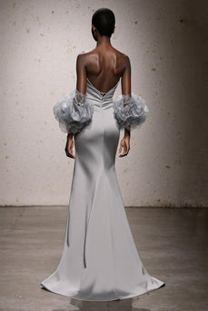 Silver Satin Ruched Mermaid Sweetheart Long Formal Dress