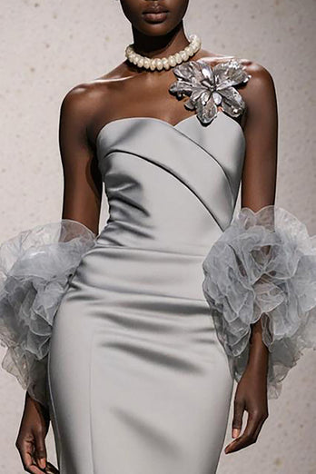 Silver Satin Ruched Mermaid Sweetheart Long Formal Dress