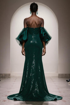 Sparkly Dark Green Sequin Strapless Mermaid Long Gala Dress with Sleeves