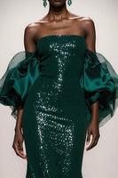 Load image into Gallery viewer, Sparkly Dark Green Sequin Strapless Mermaid Long Gala Dress with Sleeves