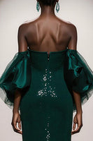 Load image into Gallery viewer, Sparkly Dark Green Sequin Strapless Mermaid Long Gala Dress with Sleeves