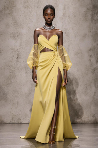 Daffodil Satin Sweetheart Mermaid Long Formal Dress with Sleeves