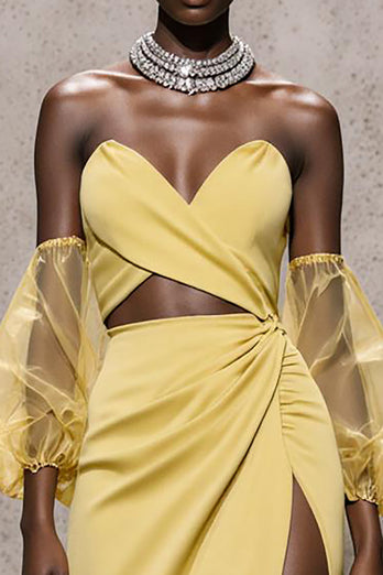 Daffodil Satin Sweetheart Mermaid Long Formal Dress with Sleeves