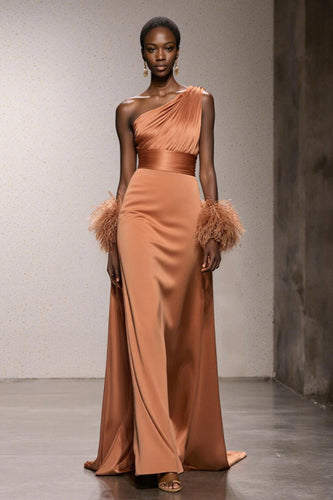 Orange Satin One Shoulder Mermaid Long Formal Dress with Feathers