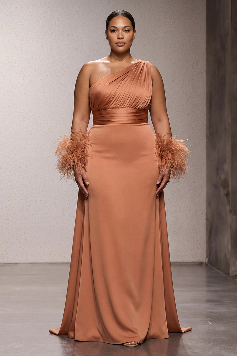 Load image into Gallery viewer, Orange Satin One Shoulder Mermaid Long Formal Dress with Feathers