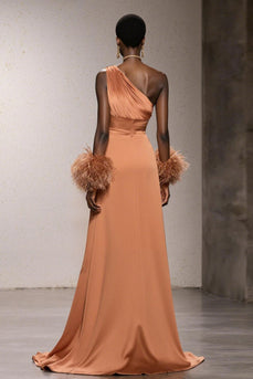 Orange Satin One Shoulder Mermaid Long Formal Dress with Feathers