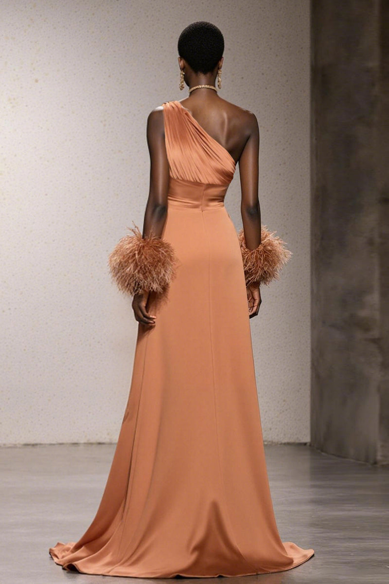 Load image into Gallery viewer, Orange Satin One Shoulder Mermaid Long Formal Dress with Feathers