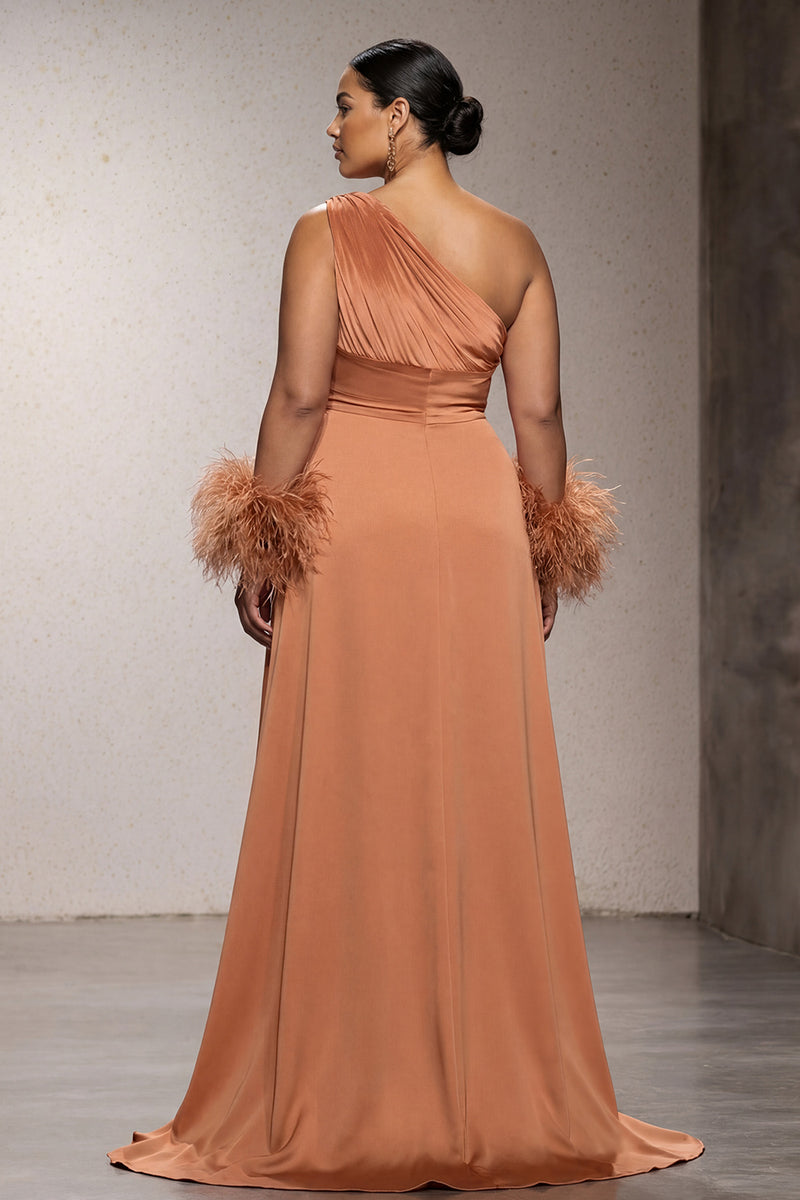 Load image into Gallery viewer, Orange Satin One Shoulder Mermaid Long Formal Dress with Feathers