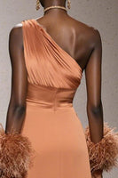 Load image into Gallery viewer, Orange Satin One Shoulder Mermaid Long Formal Dress with Feathers