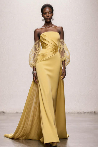 Daffodil Satin Strapless Ruched Mermaid Long Pageant Dress with Sleeves