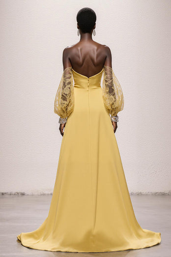 Daffodil Satin Strapless Ruched Mermaid Long Pageant Dress with Sleeves