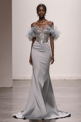Sparkly Silver Satin Off the Shoulder Mermaid Long Pageant Dress with Sequins