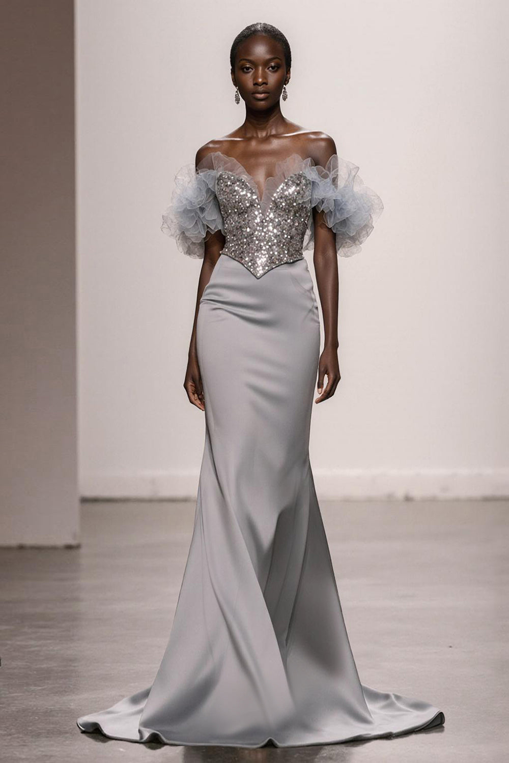 Sparkly Silver Satin Off the Shoulder Mermaid Long Pageant Dress with Sequins