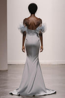 Load image into Gallery viewer, Sparkly Silver Satin Off the Shoulder Mermaid Long Pageant Dress with Sequins