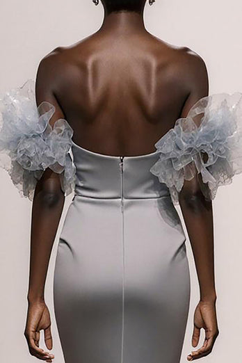Sparkly Silver Satin Off the Shoulder Mermaid Long Pageant Dress with Sequins