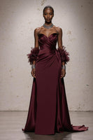 Load image into Gallery viewer, Burgundy Satin Sweetheart Ruched Mermaid Long Formal Dress