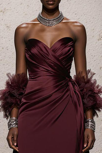 Burgundy Satin Sweetheart Ruched Mermaid Long Formal Dress