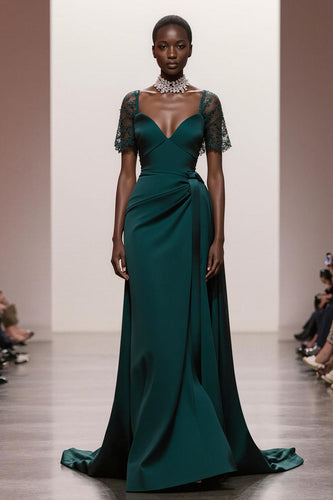 Dark Green Satin Sweetheart Mermaid Long Formal Dress with Sleeves