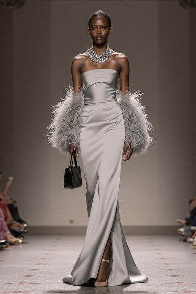 Silver Satin Mermaid Strapless Long Formal Dress with Slit