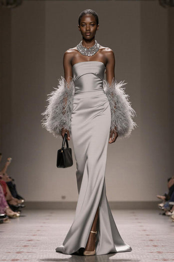 Silver Satin Mermaid Strapless Long Formal Dress with Slit